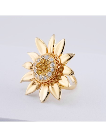 Sun Flower Ring  Diamonds White and Yellow