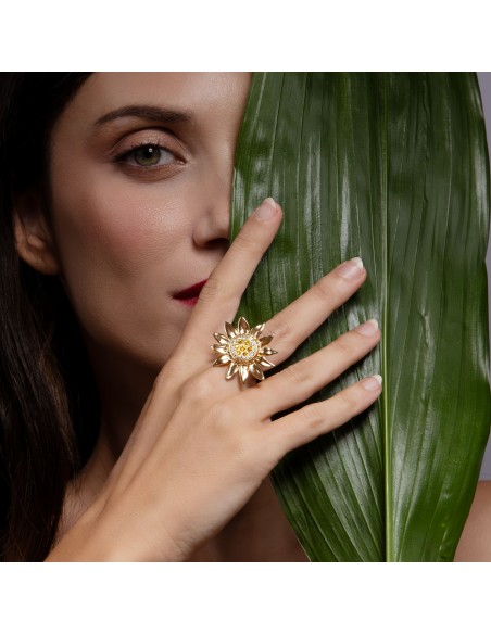 Sun Flower Ring  Diamonds White and Yellow