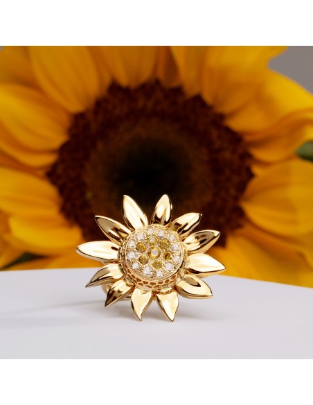 Sun Flower Ring  Diamonds White and Yellow