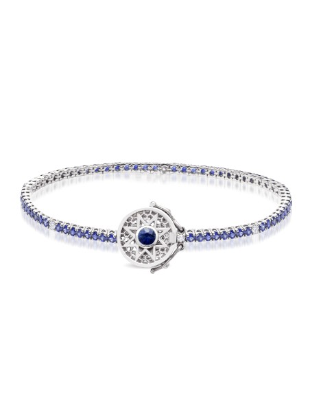 Tennis bracelet with sapphire, diamond and solar buckle